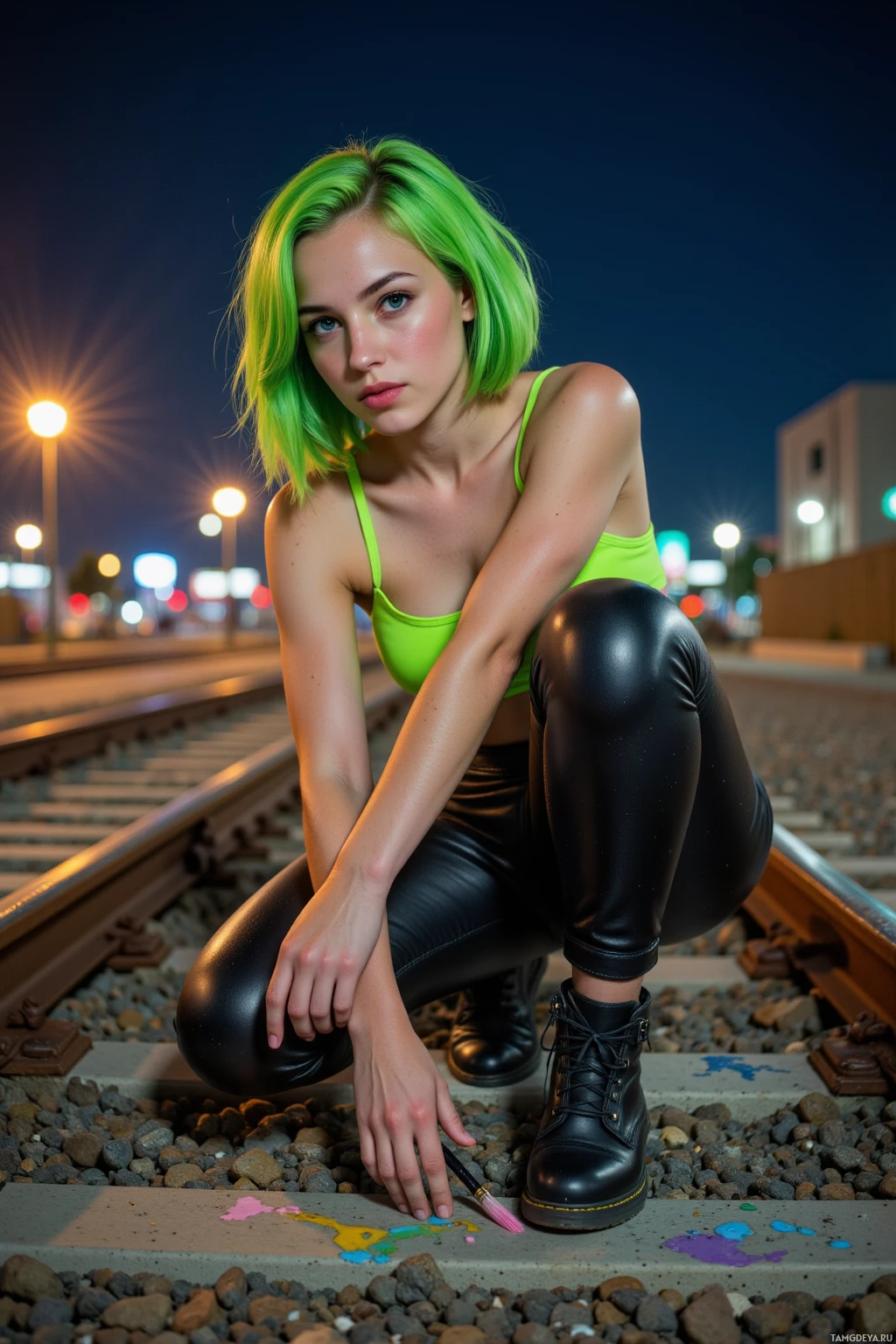 A person with green hair poses on railway tracks at night.