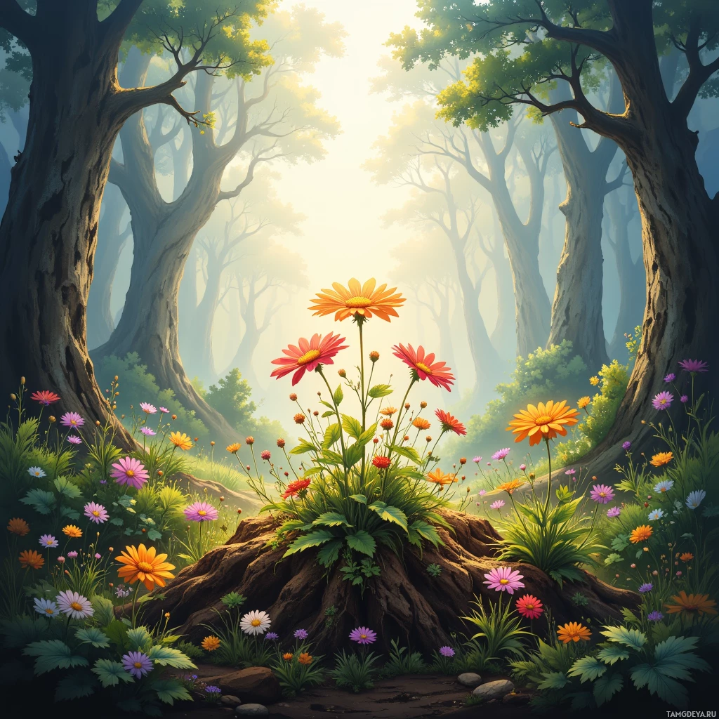 A vibrant forest scene with colorful flowers and sunlight filtering through the trees.