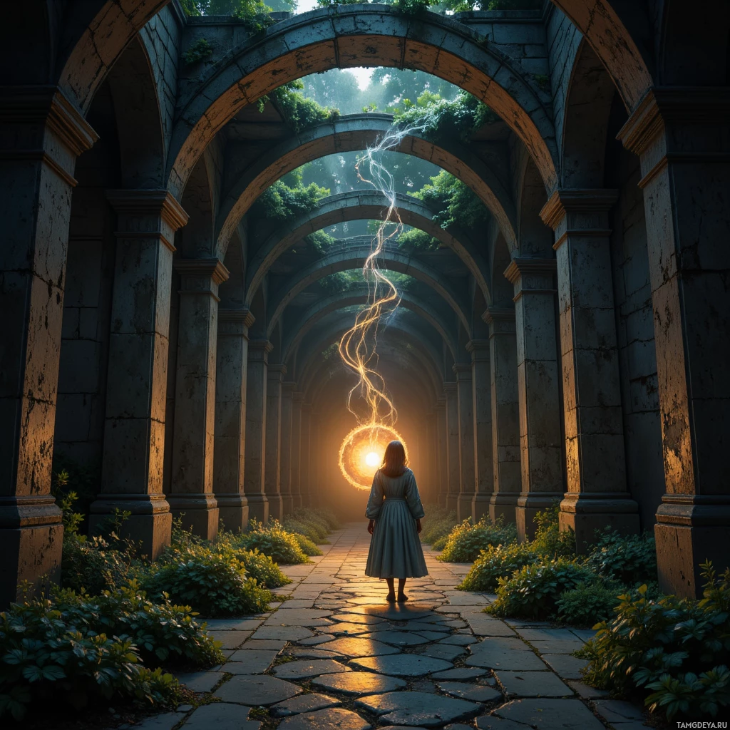 A person stands at the entrance of an ancient stone archway, bathed in golden light from a glowing orb above.