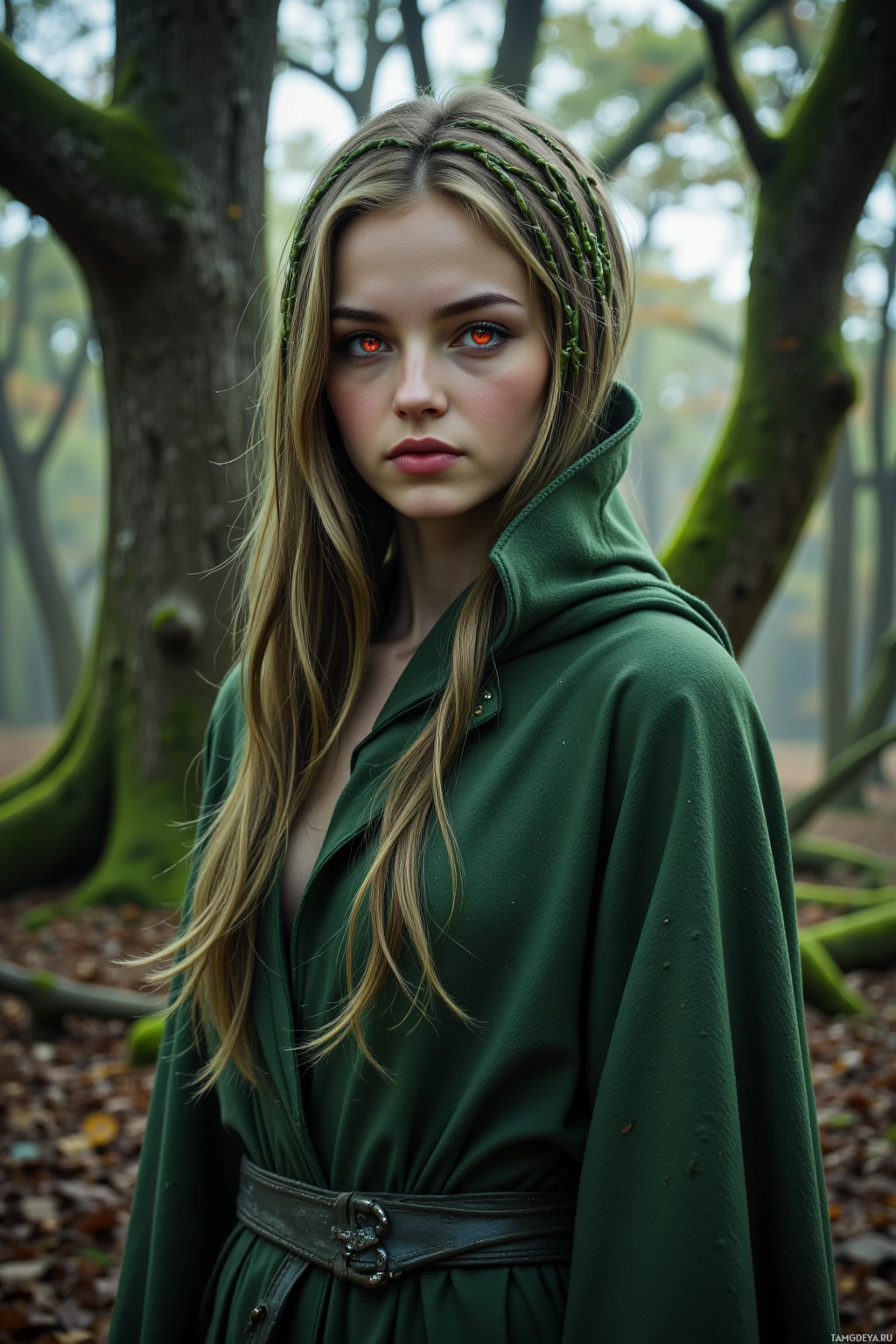 A woman in a green cloak stands in a forest.