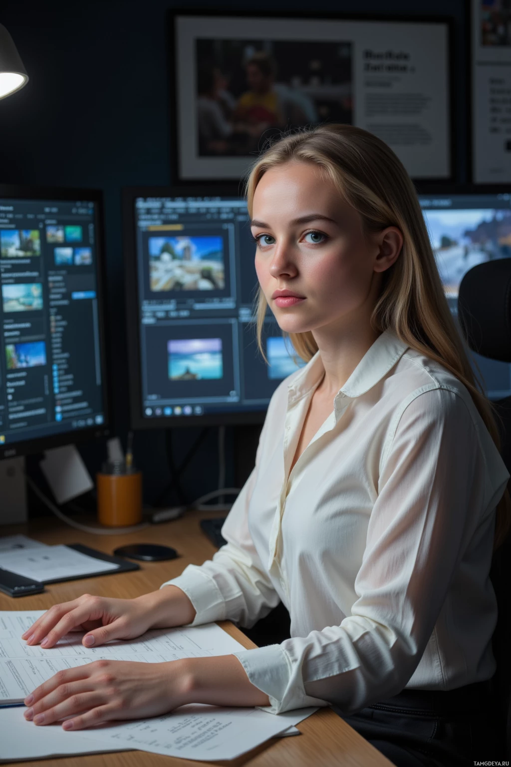 A woman in a white shirt sits at a desk with multiple computer monitors in a dimly lit office environment.
