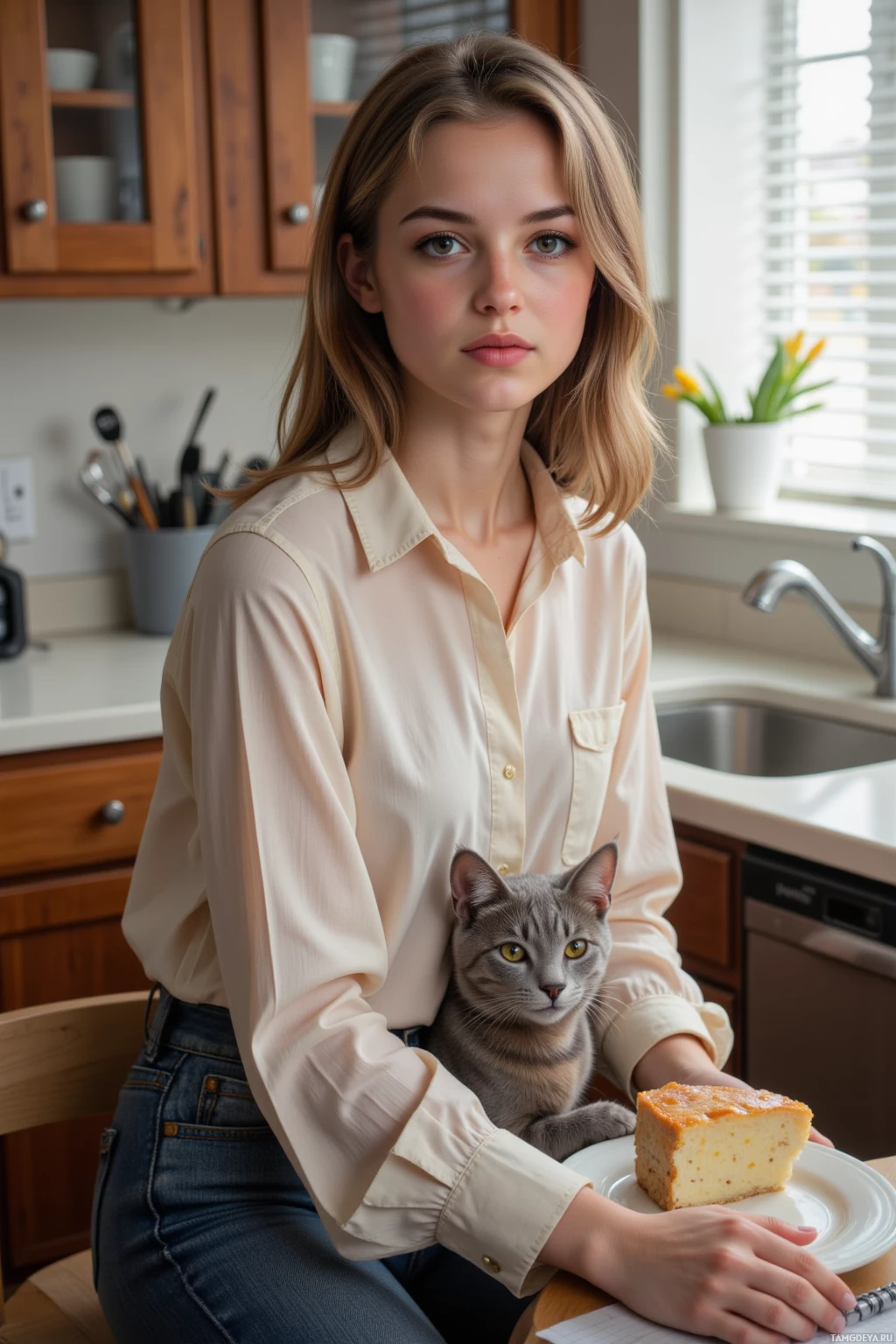A woman in a kitchen holds a cat while sitting at a table with a slice of cake.