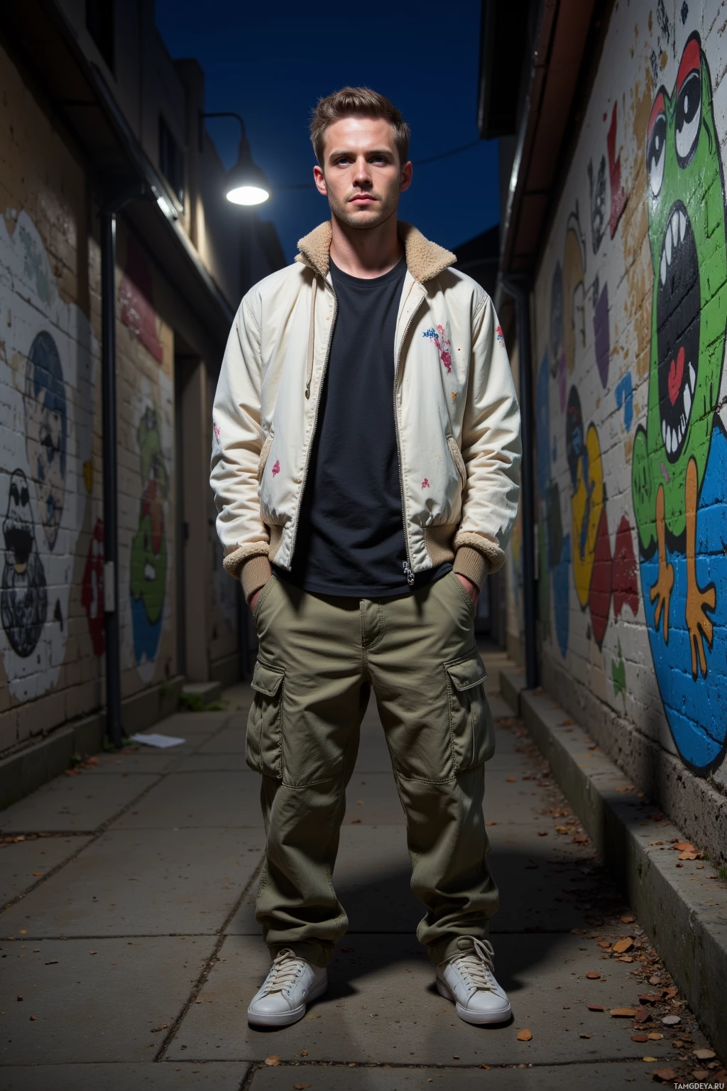A person stands in an alleyway wearing a white jacket, black shirt, and khaki pants.