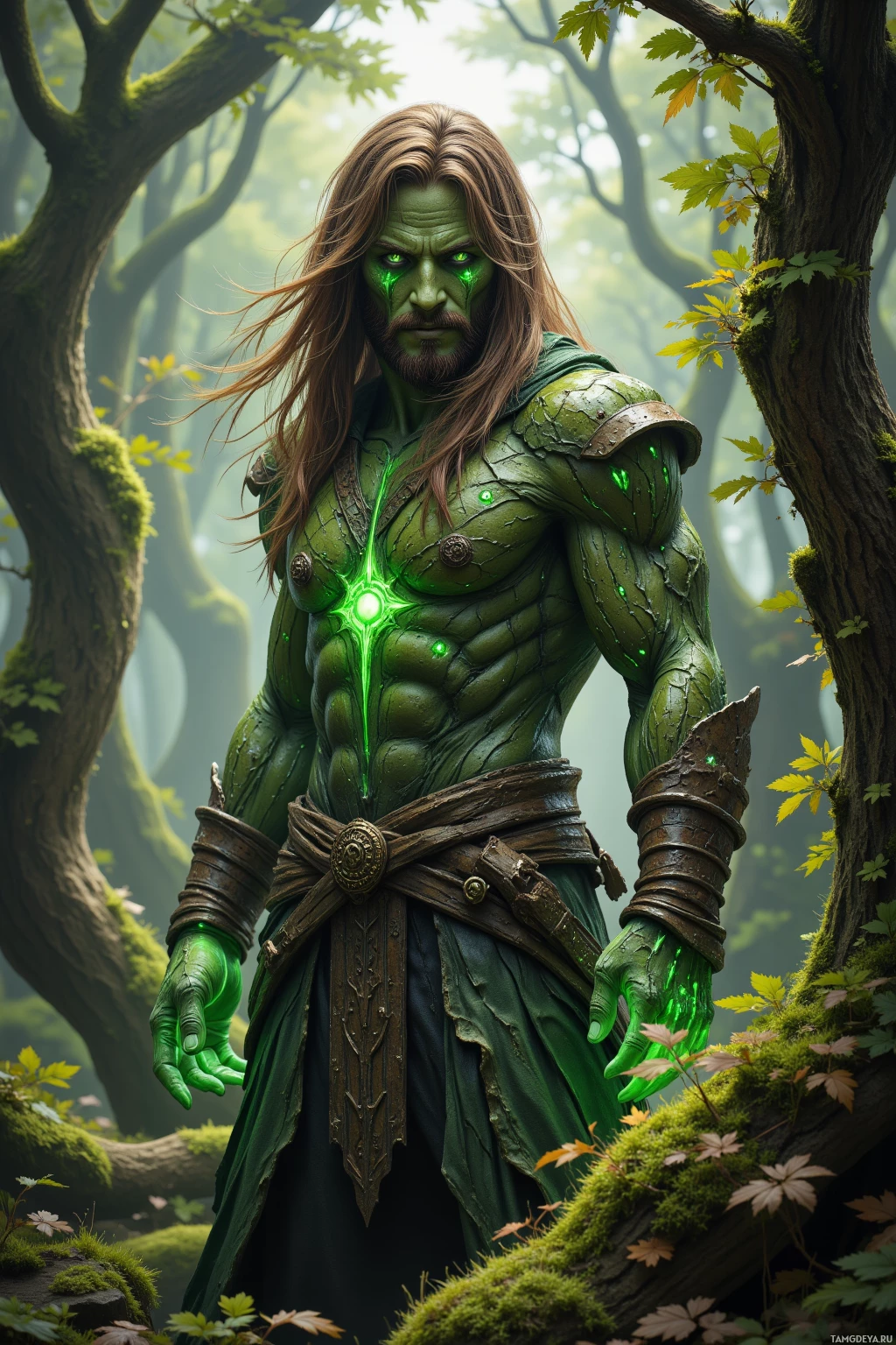 A green-skinned warrior with glowing eyes and intricate armor stands amidst a forest.