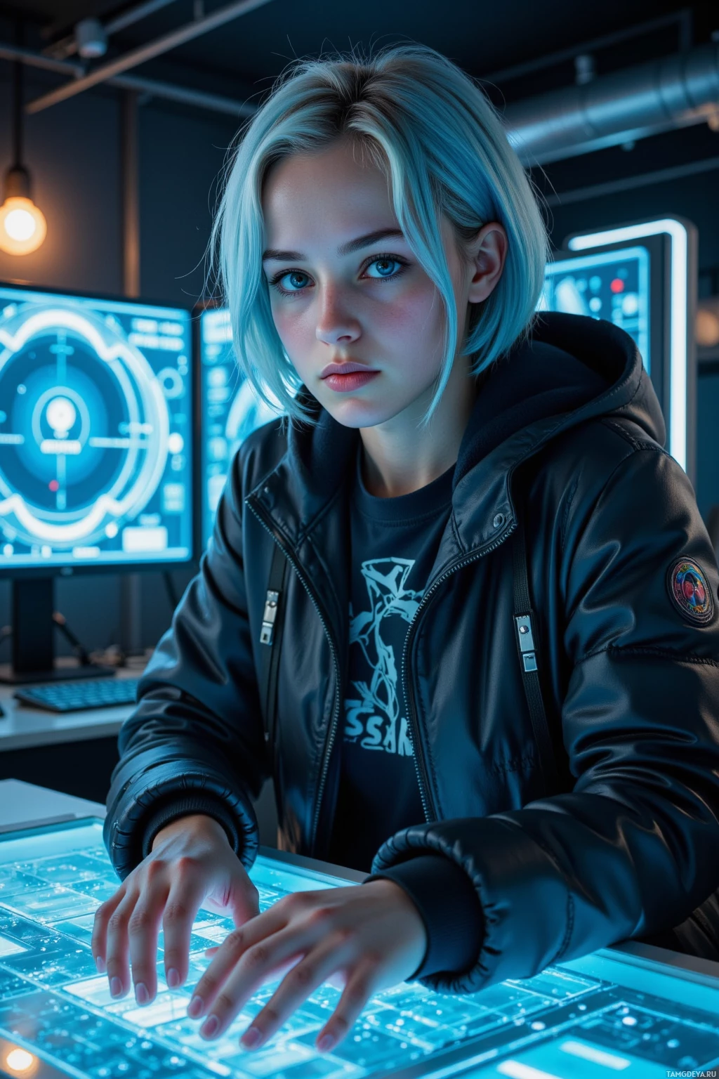 A person in a black jacket is interacting with a futuristic, illuminated control panel.