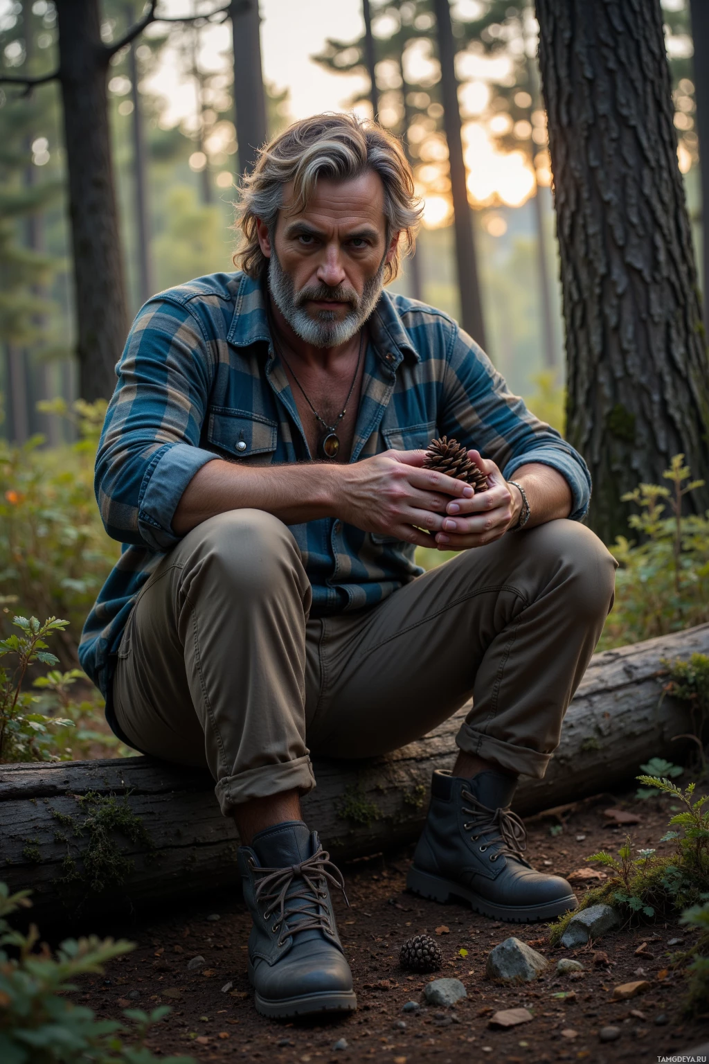 A man in a plaid shirt and boots sits on a log in a forest, holding a pinecone.