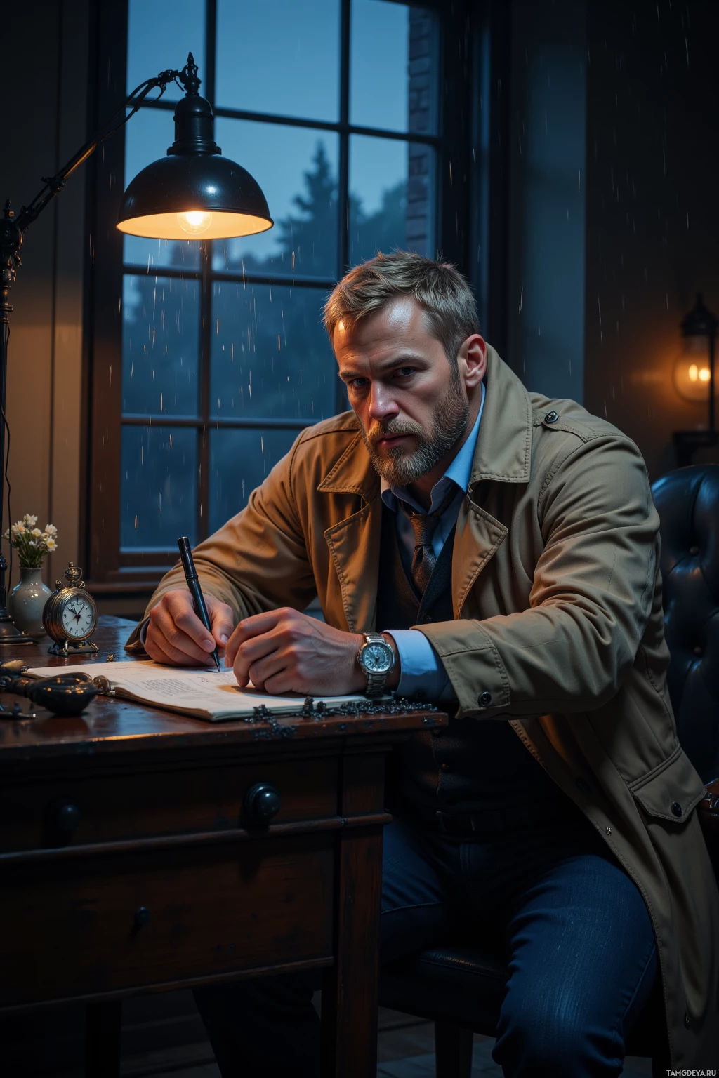 A man in a trench coat sits at a desk, writing under a lamp in a dimly lit room.