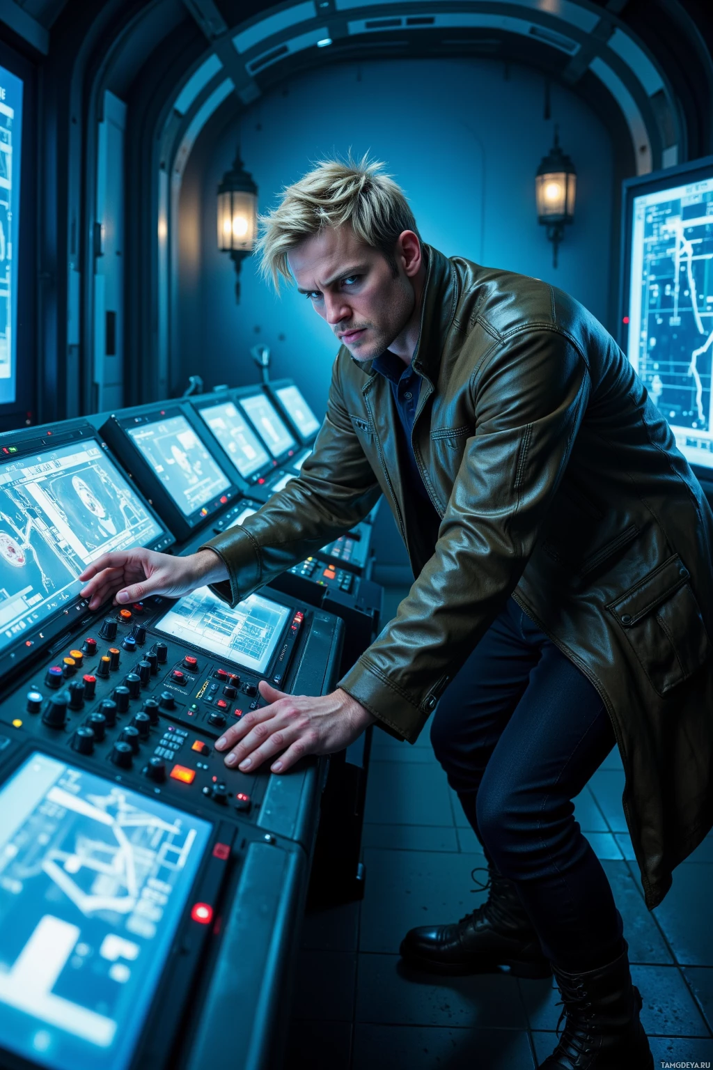 A person in a leather jacket leans over a control panel in a dimly lit, futuristic setting.