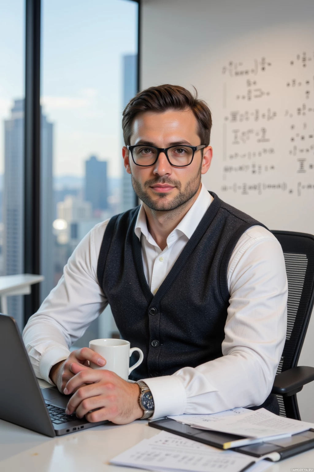 A man in a professional setting, wearing glasses and a vest, sits at a desk with a laptop and documents, looking directly at the camera.