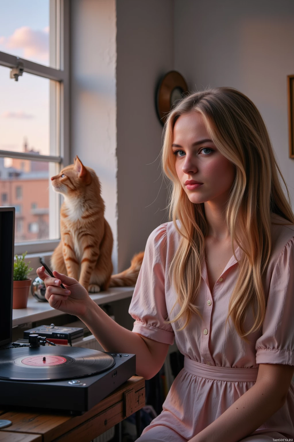 A woman in a pink dress sits by a window with a cat, next to a record player.