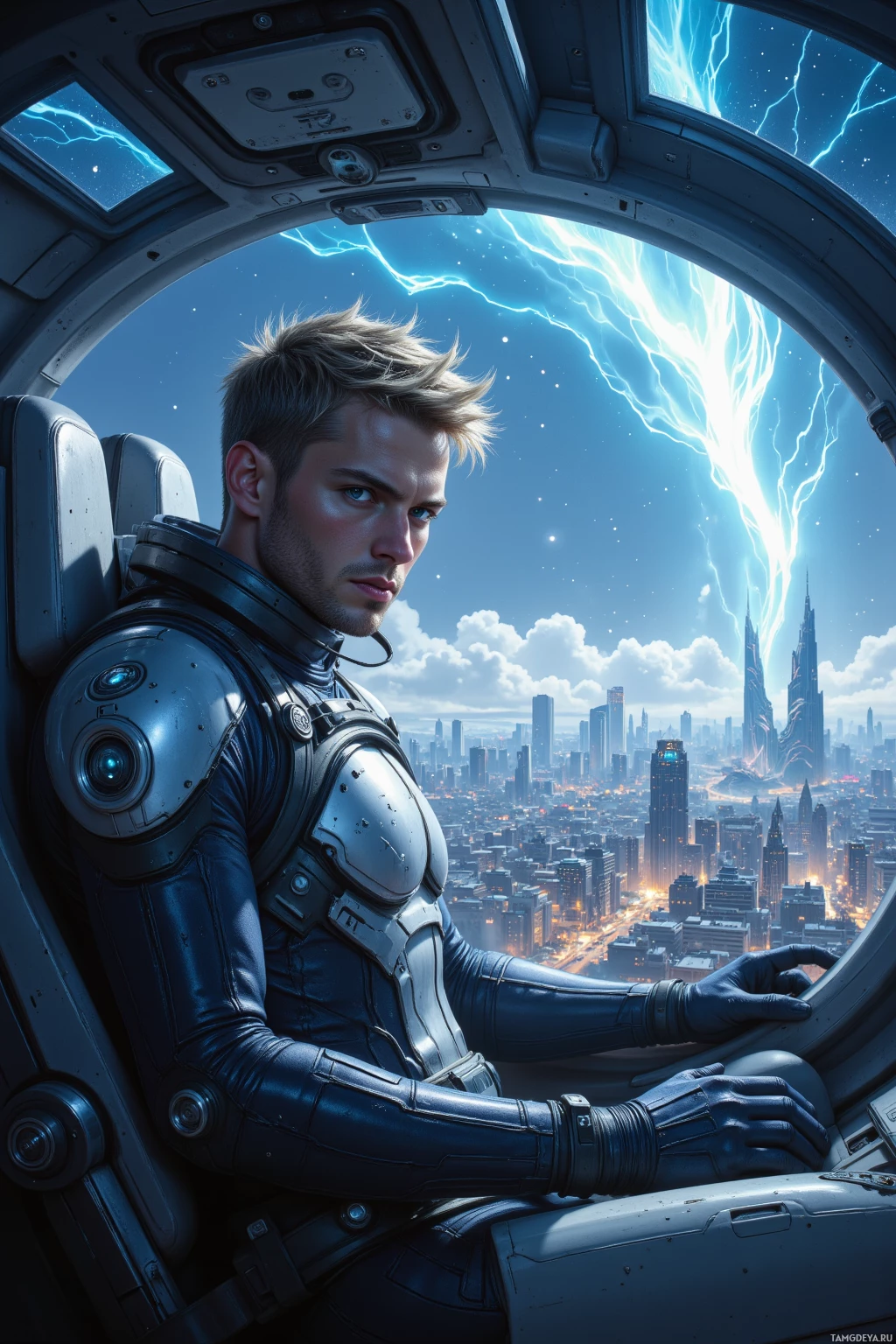 A person in futuristic armor sits inside a spacecraft, gazing out at a cityscape with lightning and stars in the sky.