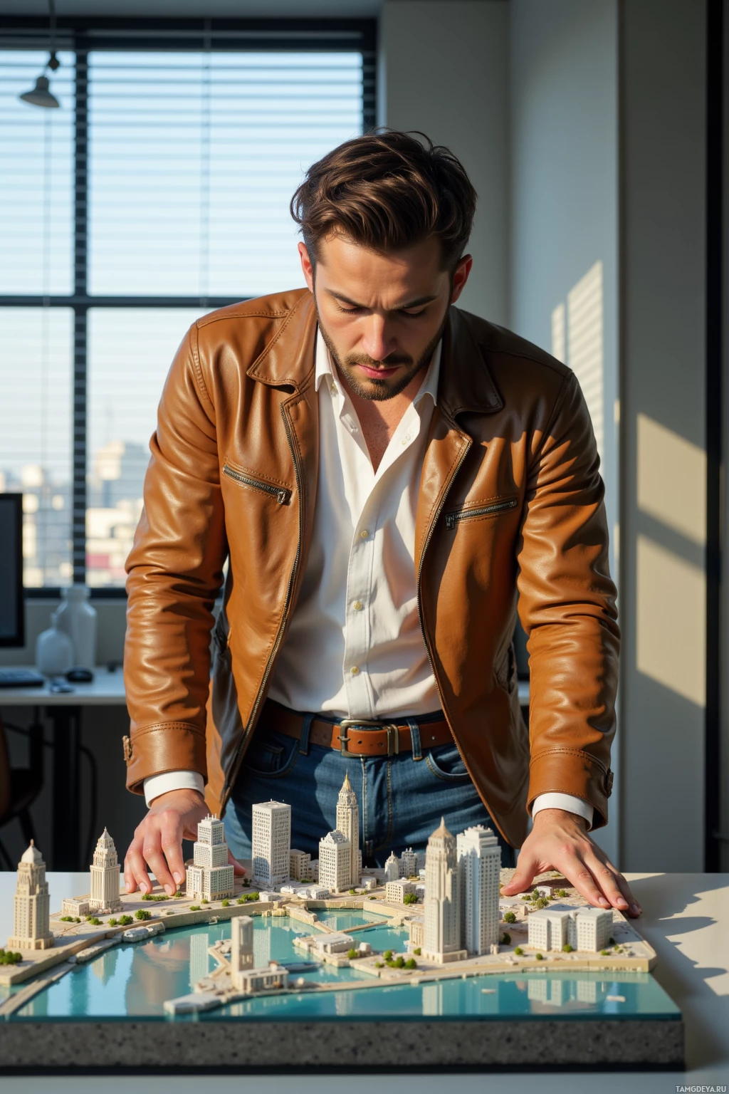 A man in a brown leather jacket examines a cityscape model on a table.