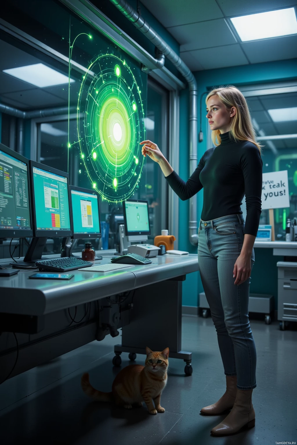 A woman stands in a futuristic lab, interacting with a large, glowing circular interface.