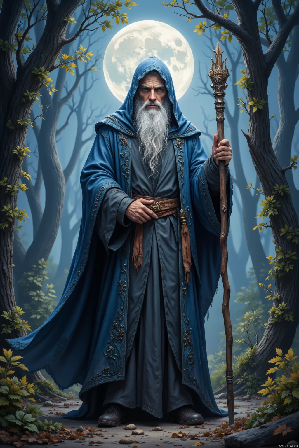 A wizard in a blue robe stands in a forest under a full moon, holding a staff.