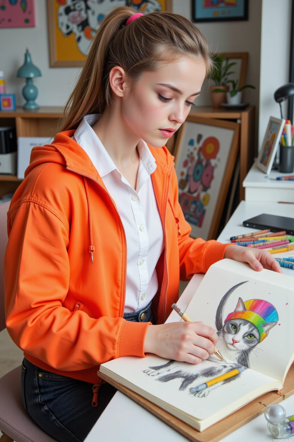 A person wearing an orange hoodie and white shirt is drawing a cat with colored pencils.
