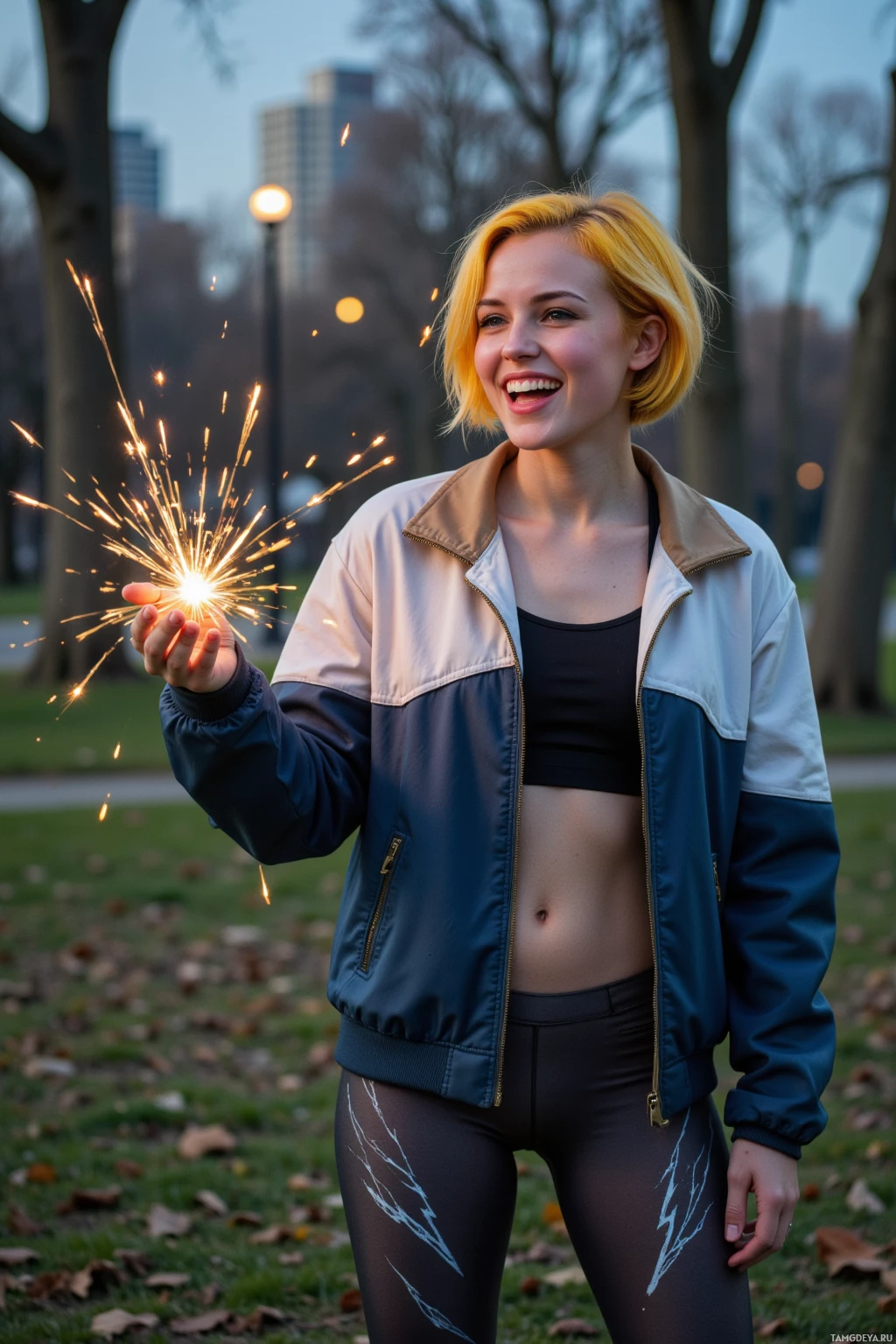 A person in a jacket and leggings holds a sparkler in a park setting.