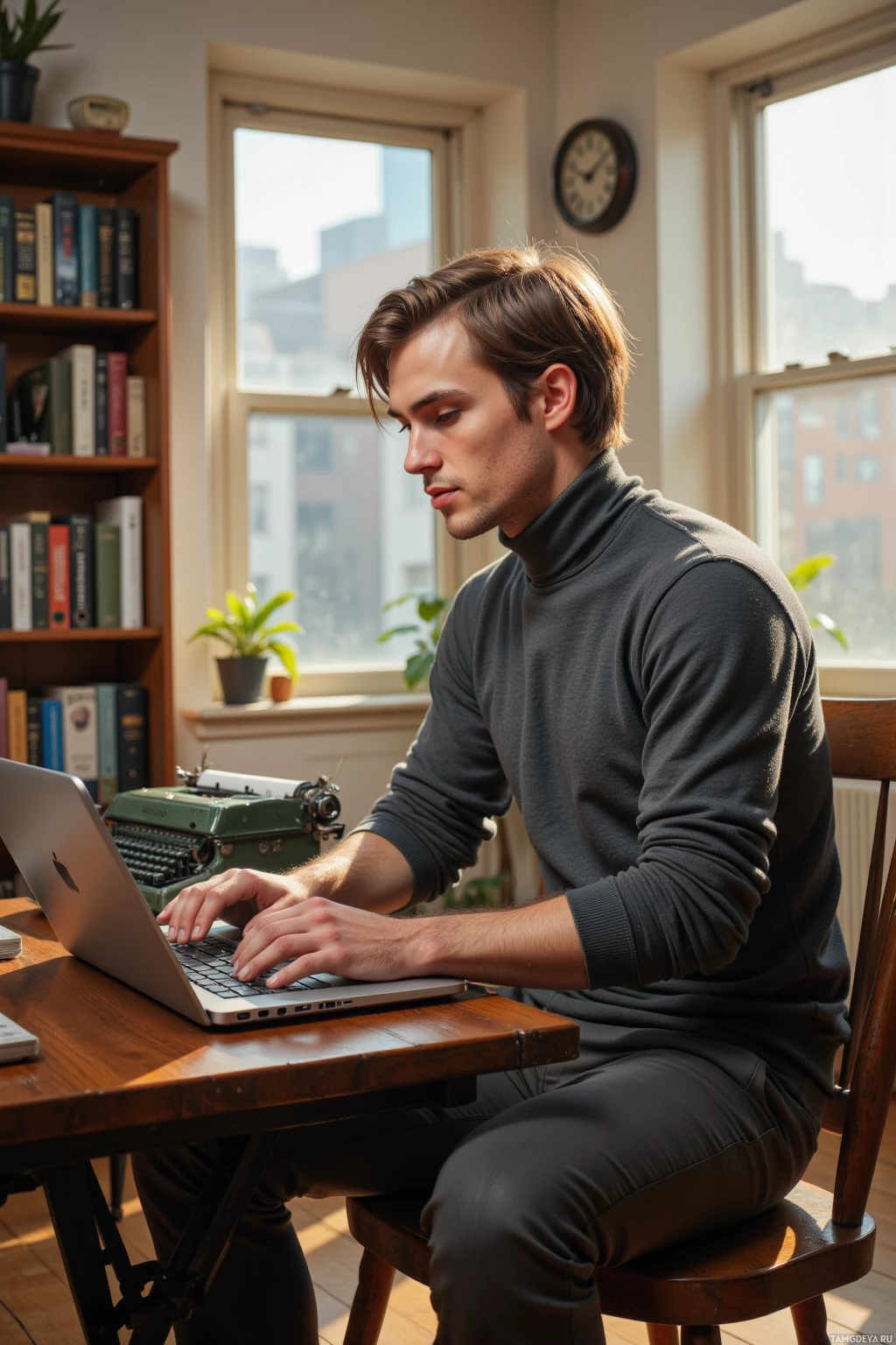 A man sits at a desk, typing on a laptop in a room with a bookshelf and a window.