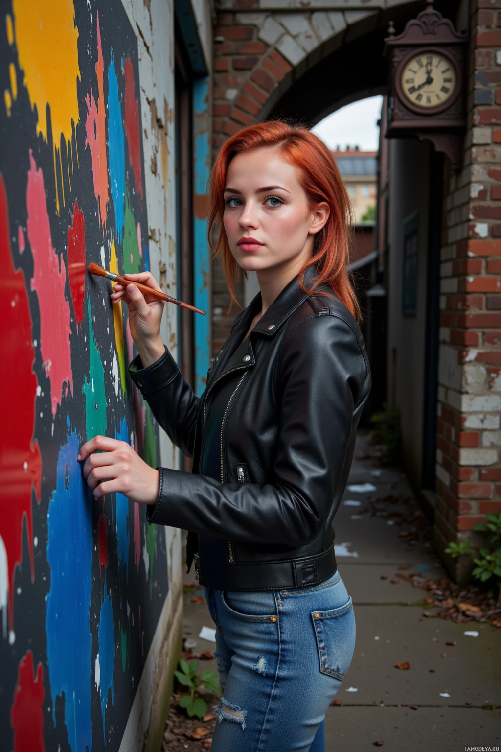 A person in a leather jacket and jeans is painting a wall with a paintbrush.