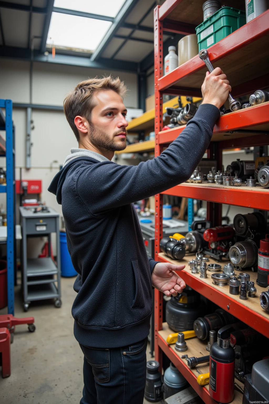 A man in a workshop reaches for a tool on a shelf.