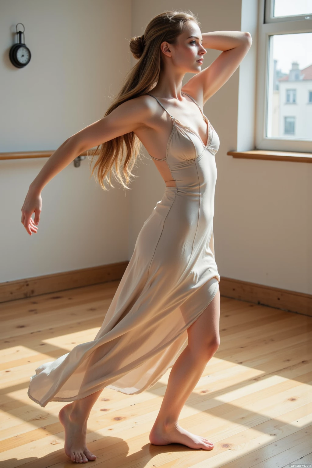 A woman in a flowing dress stands gracefully in a sunlit room.