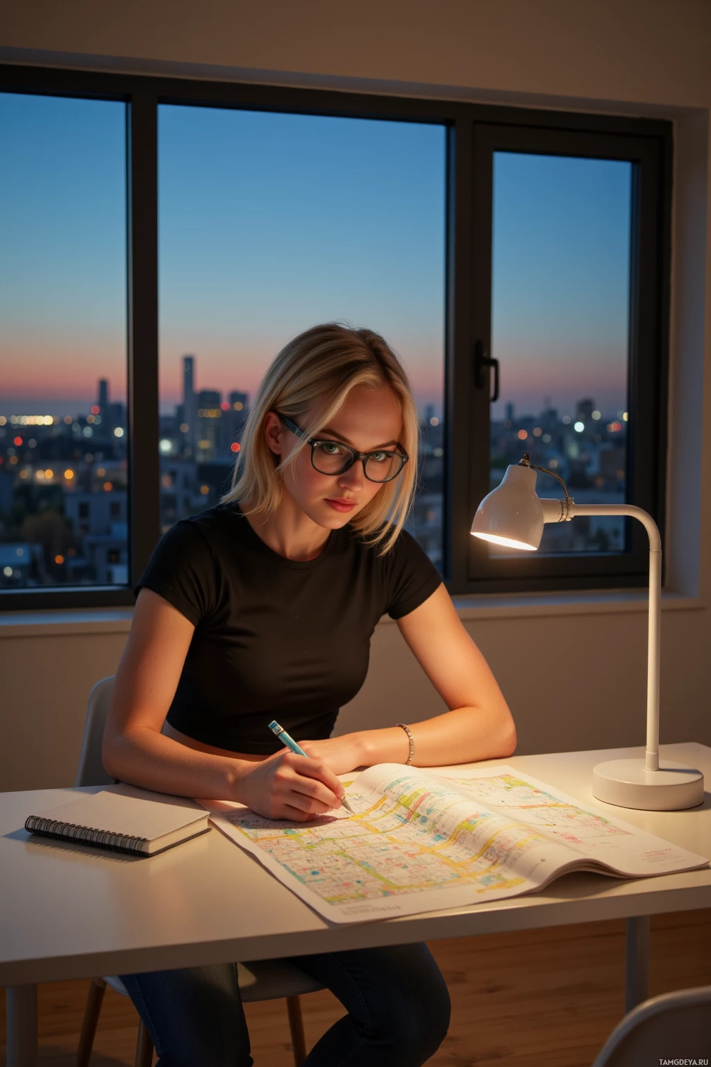 A person is sitting at a desk, writing in a notebook with a cityscape visible through the window behind them.