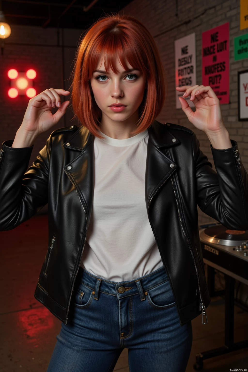 A person with red hair wearing a black leather jacket and jeans stands in a dimly lit room with a brick wall and neon lights.
