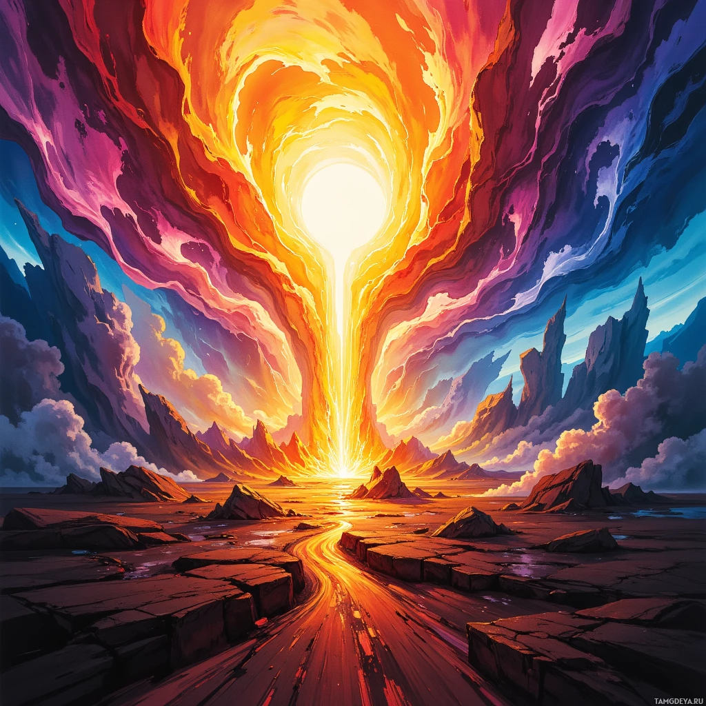 A vibrant, surreal landscape featuring a glowing tunnel of light leading to a bright horizon, surrounded by dramatic, colorful clouds and rugged terrain.