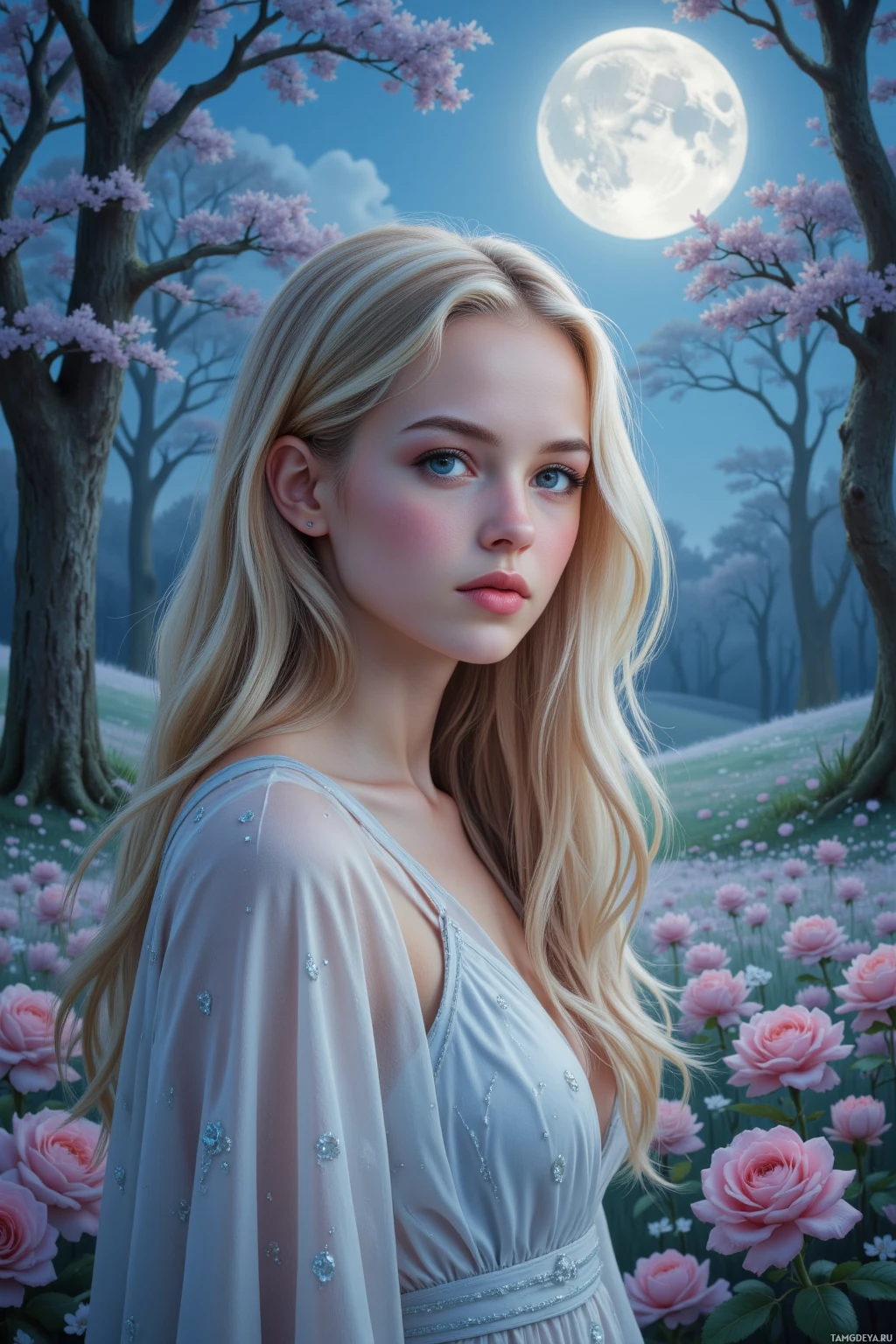 A woman with long blonde hair stands in a serene, moonlit garden with blooming pink roses and cherry blossoms.