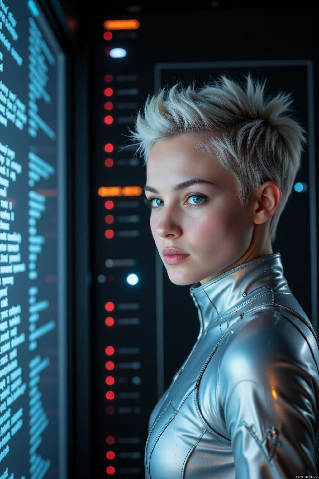 A person in a futuristic metallic outfit stands in front of a control panel with glowing lights and text.