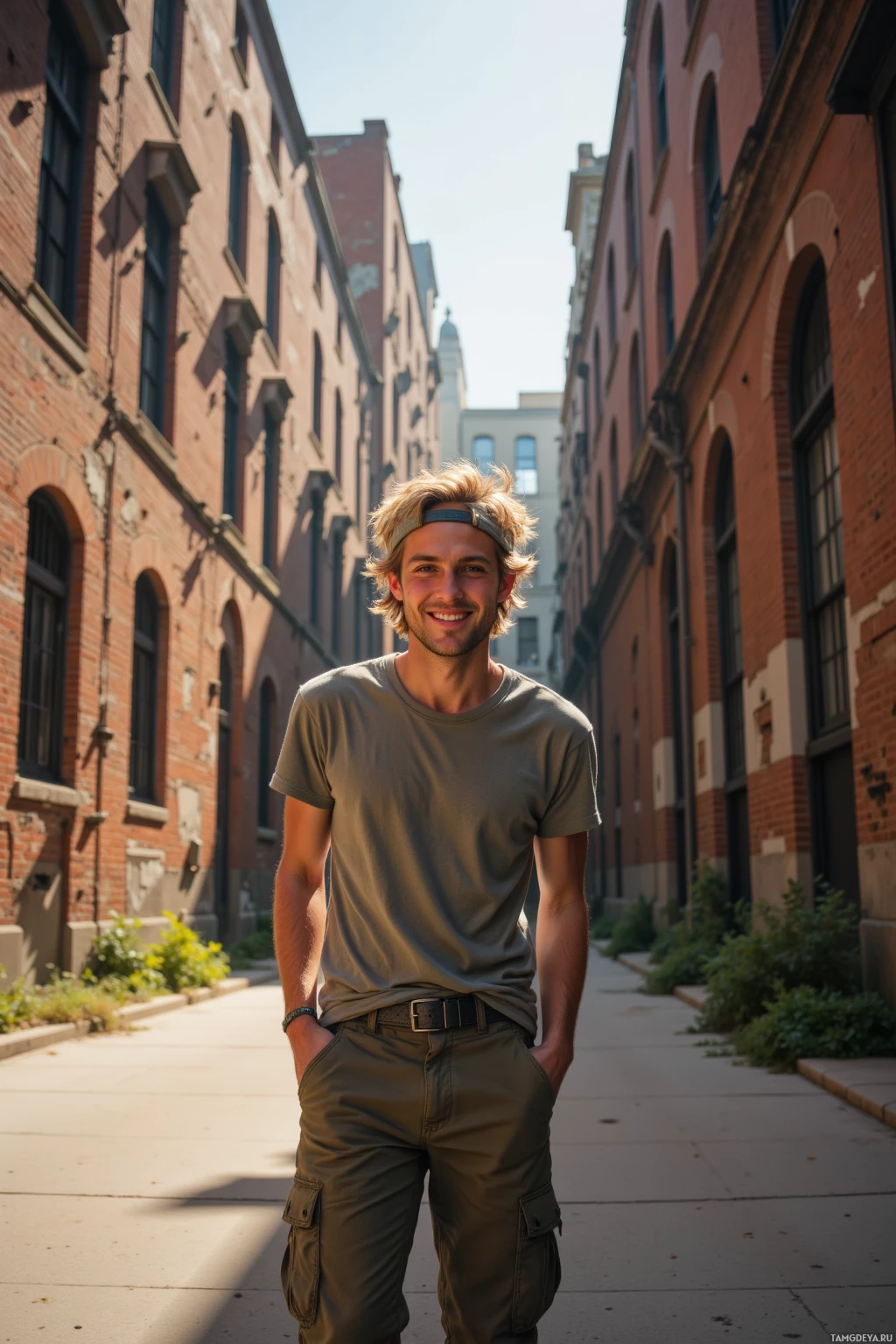 A person stands in an alleyway between brick buildings, wearing a casual outfit.
