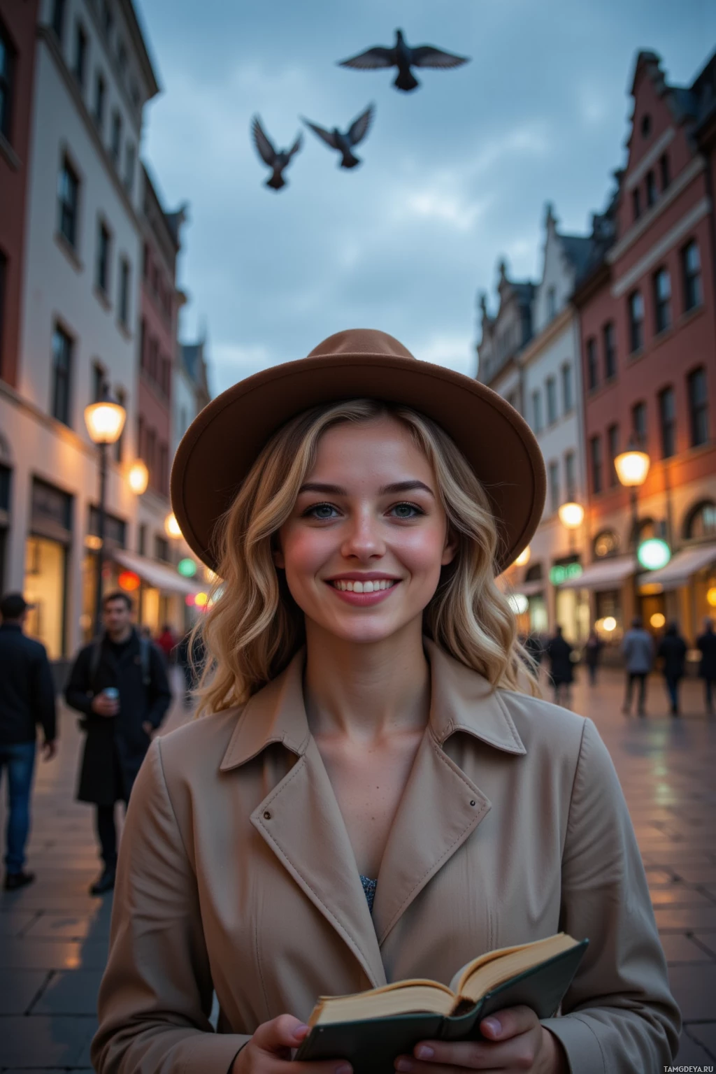 A woman in a hat and coat smiles while holding an open book on a city street with pigeons flying overhead.