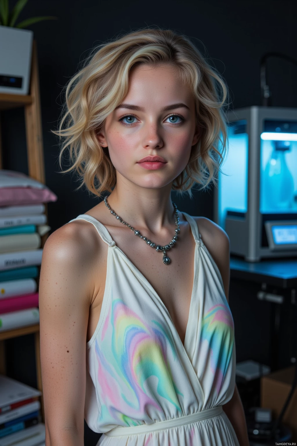 A woman with blonde hair and a white dress with colorful swirls stands in a room with a dark background.