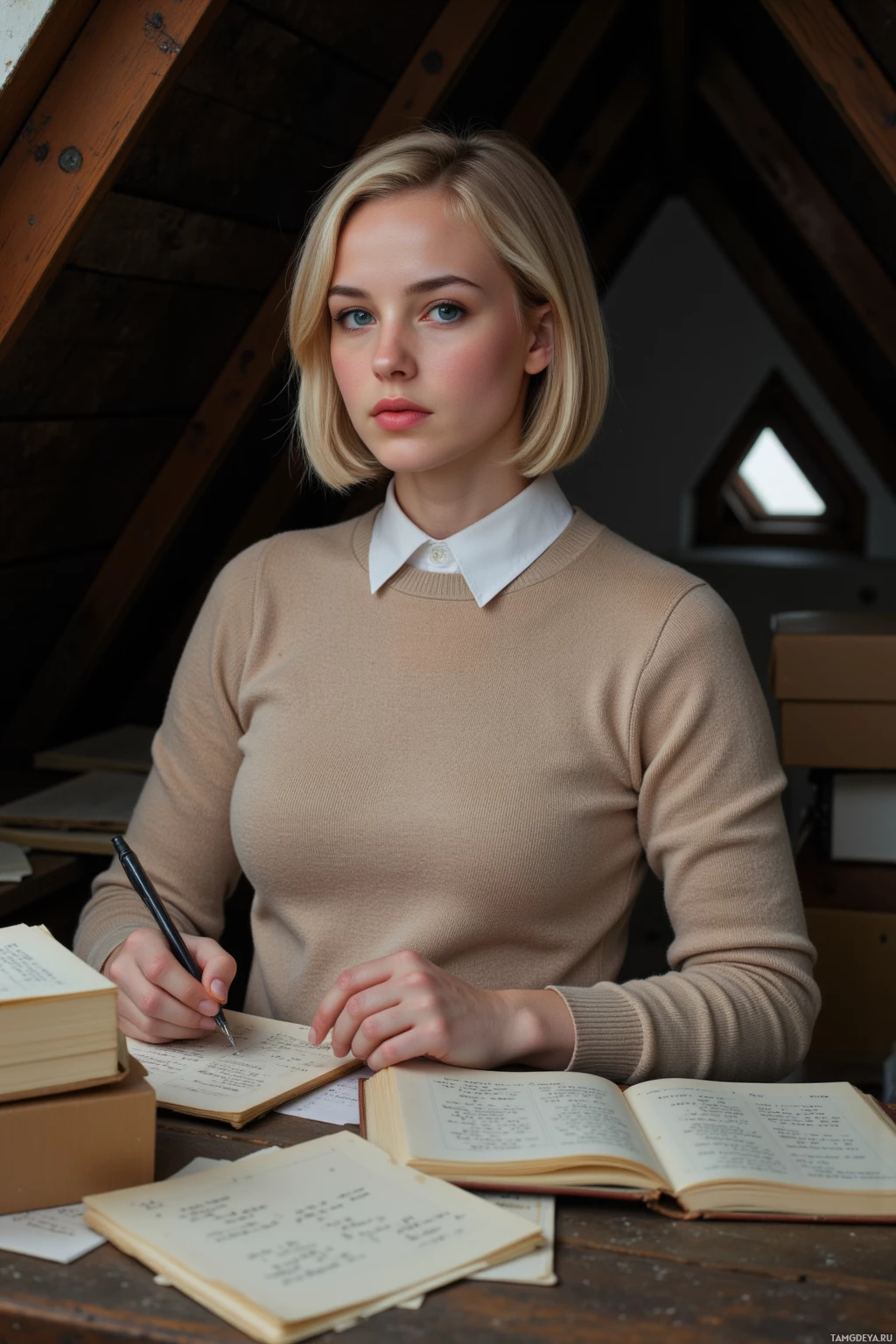 A person in a beige sweater is sitting at a desk with books and papers, holding a pen.