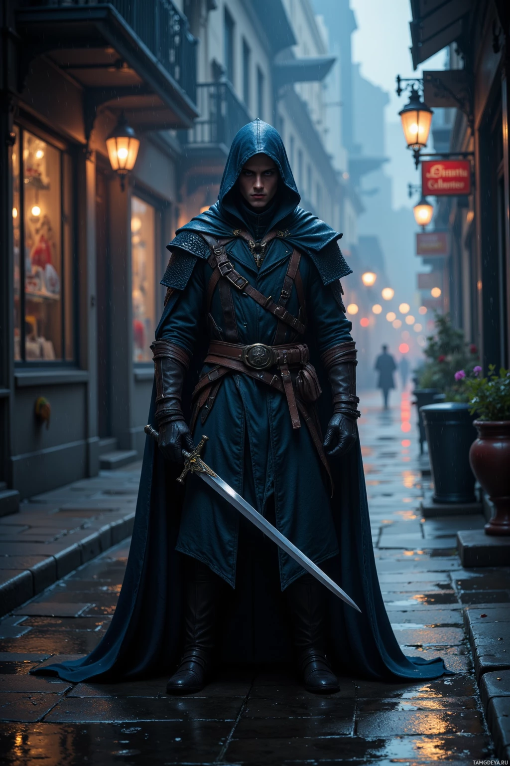 A hooded figure in a dark cloak and armor stands on a wet cobblestone street under streetlights.