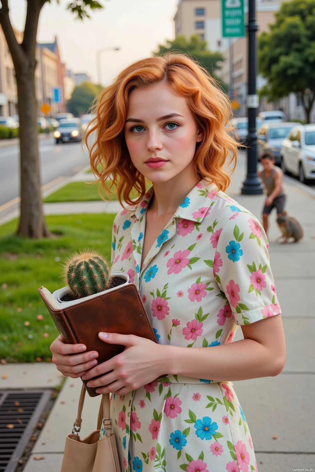 A woman with red hair stands on a sidewalk holding a cactus in a book.