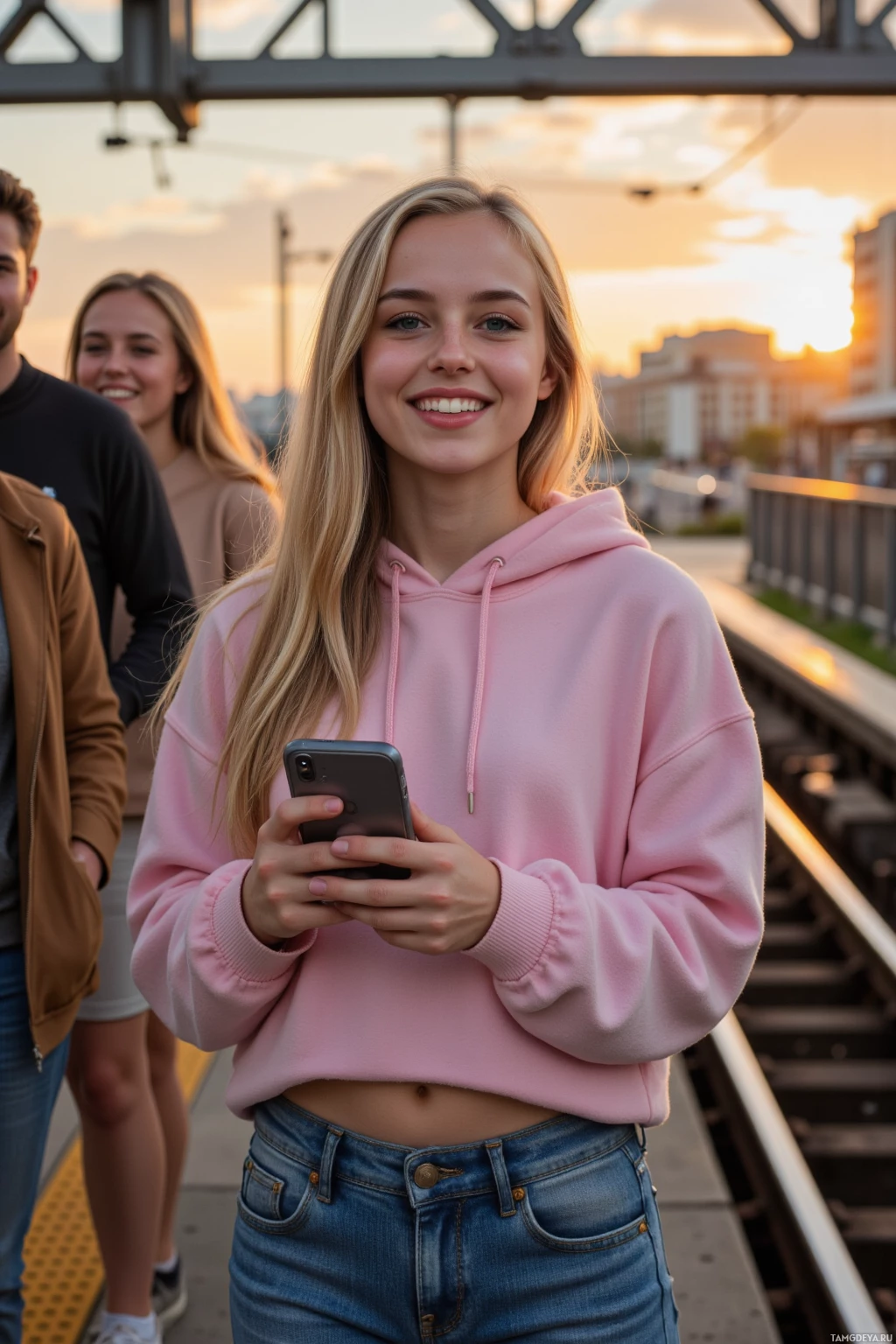 A young woman in a pink hoodie and jeans stands on a platform, holding a phone, with two others in the background.