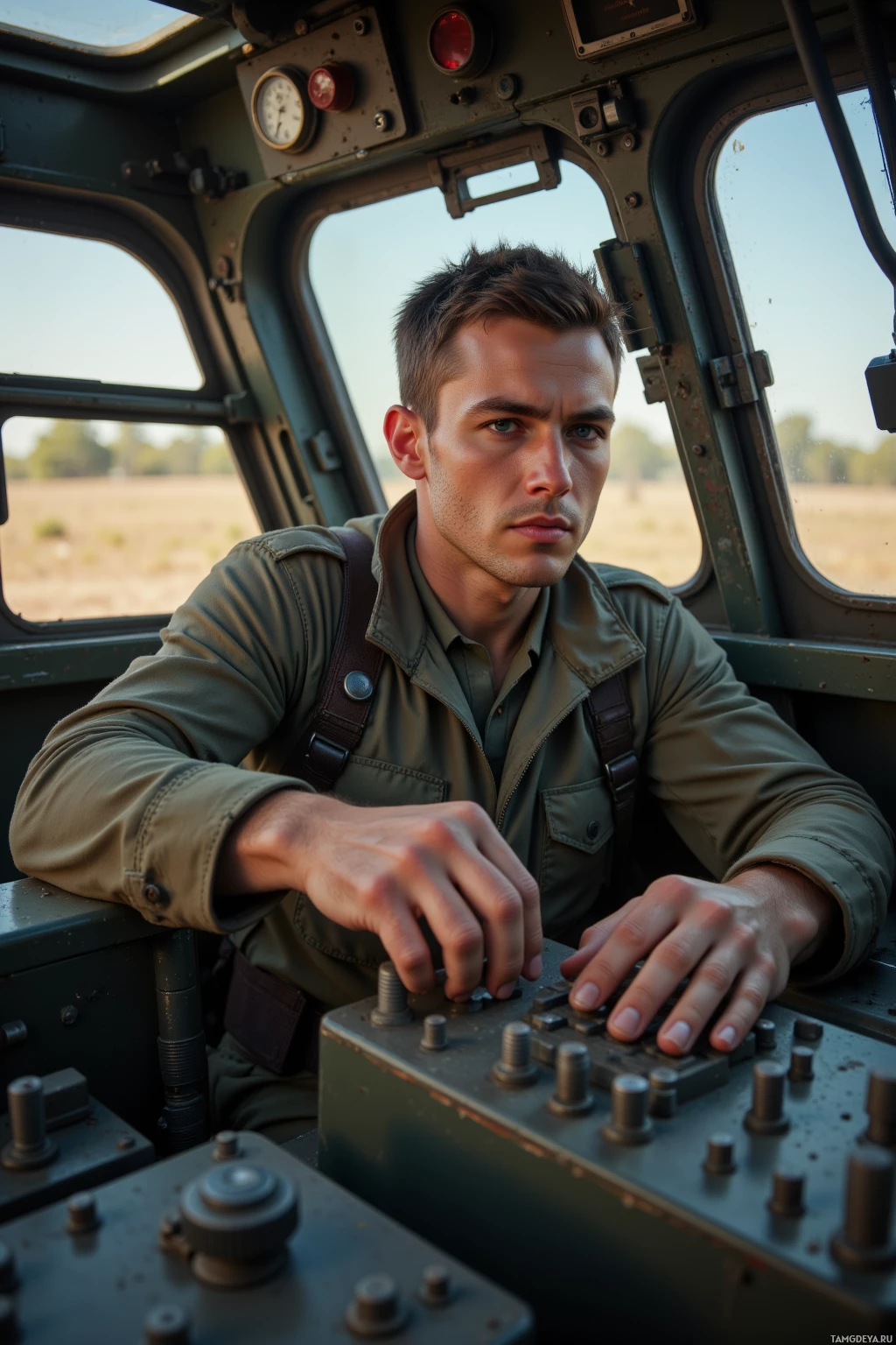 A man in a military uniform sits inside a vehicle, operating a control panel.