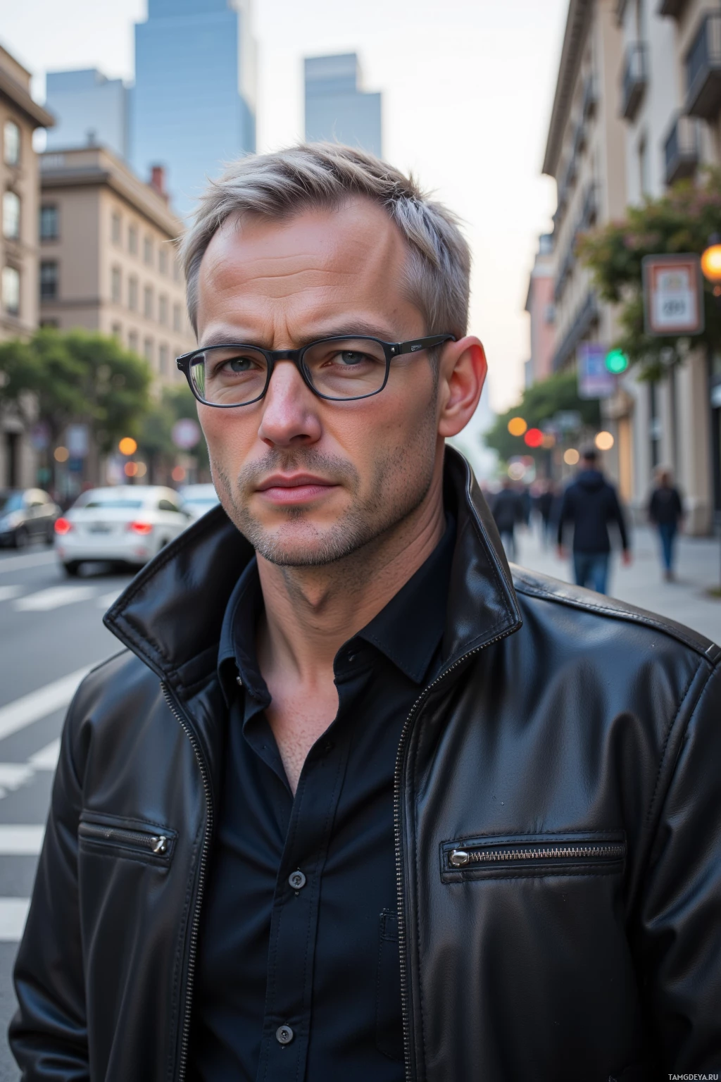 A man wearing glasses and a black leather jacket stands on a city street.