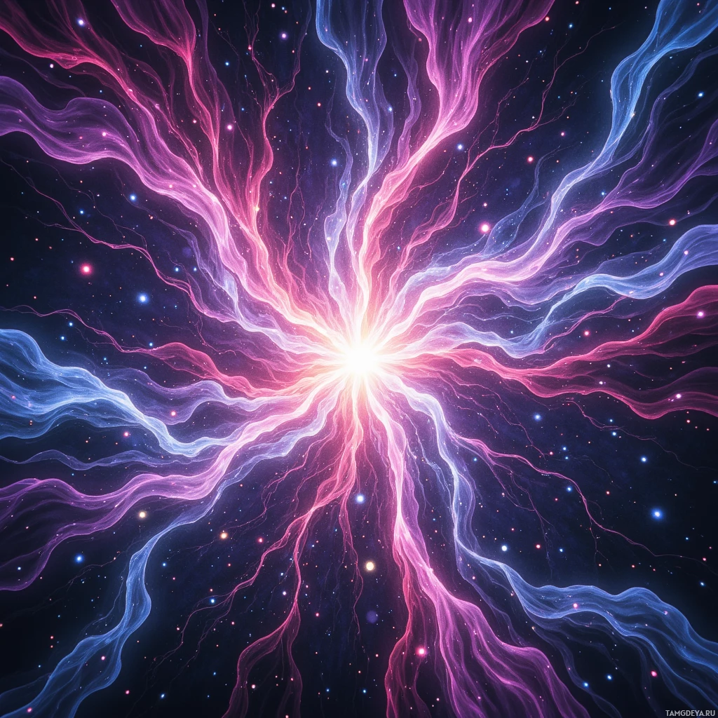 A vibrant cosmic explosion with swirling pink and blue energy streams against a starry background.
