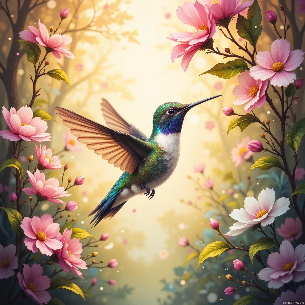 A hummingbird with vibrant green and blue feathers is surrounded by pink flowers and lush greenery.