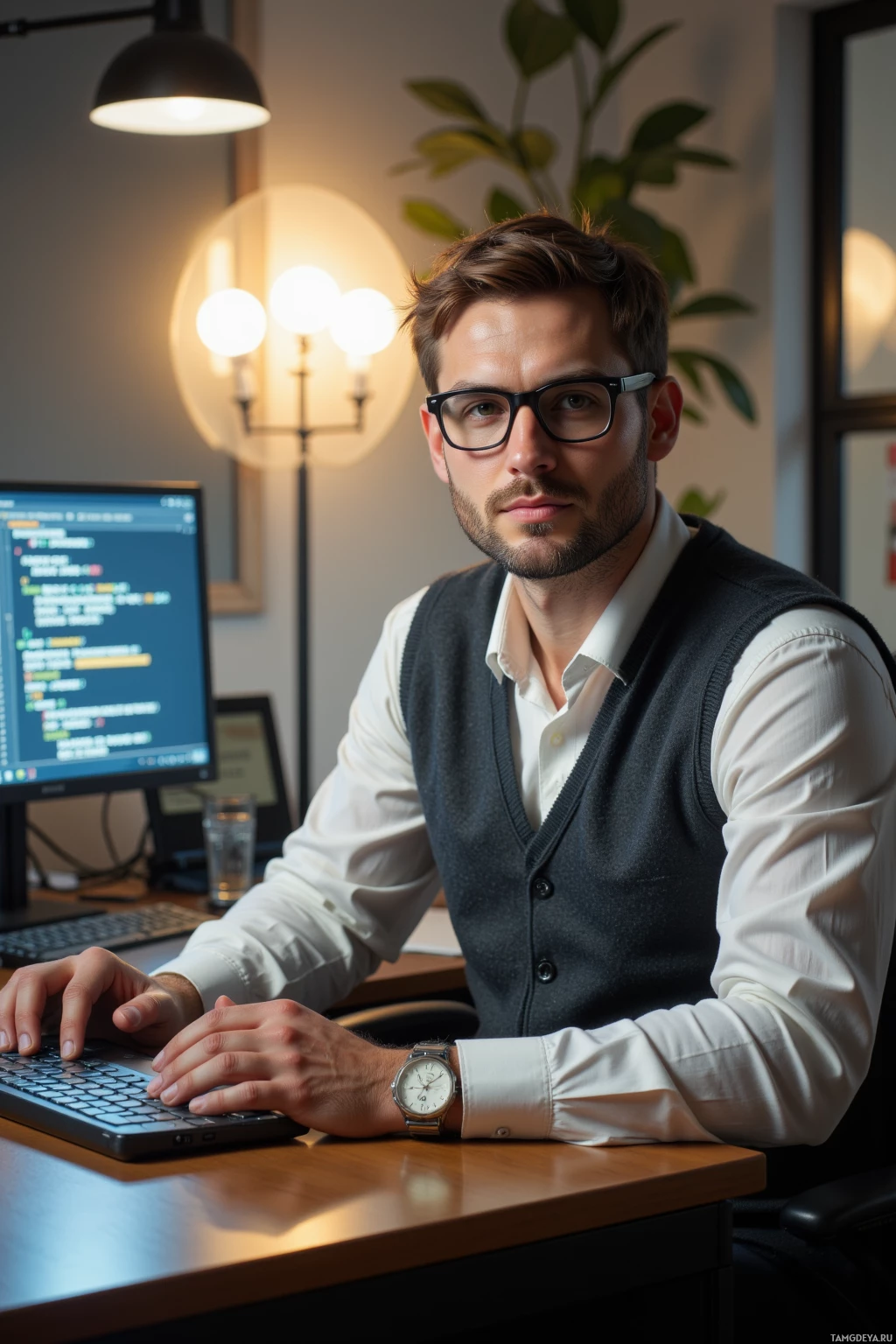 A man wearing glasses and a vest is seated at a desk with a computer, looking directly at the camera.