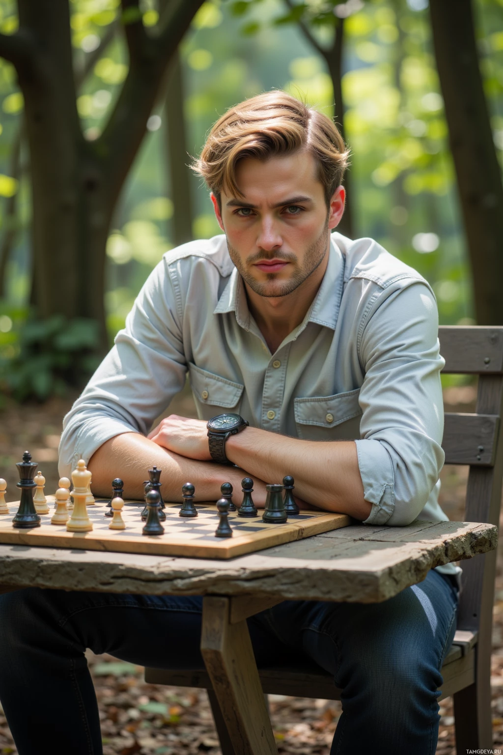 A man sits at a wooden table in a forest, leaning forward with his arms crossed, surrounded by chess pieces.