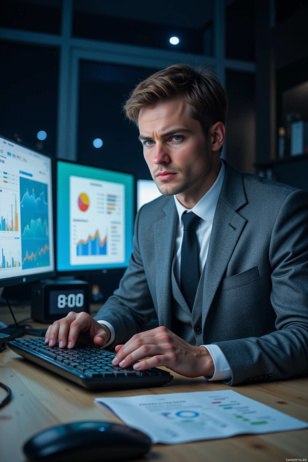 A man in a suit is working at a desk with multiple computer monitors displaying graphs and data.