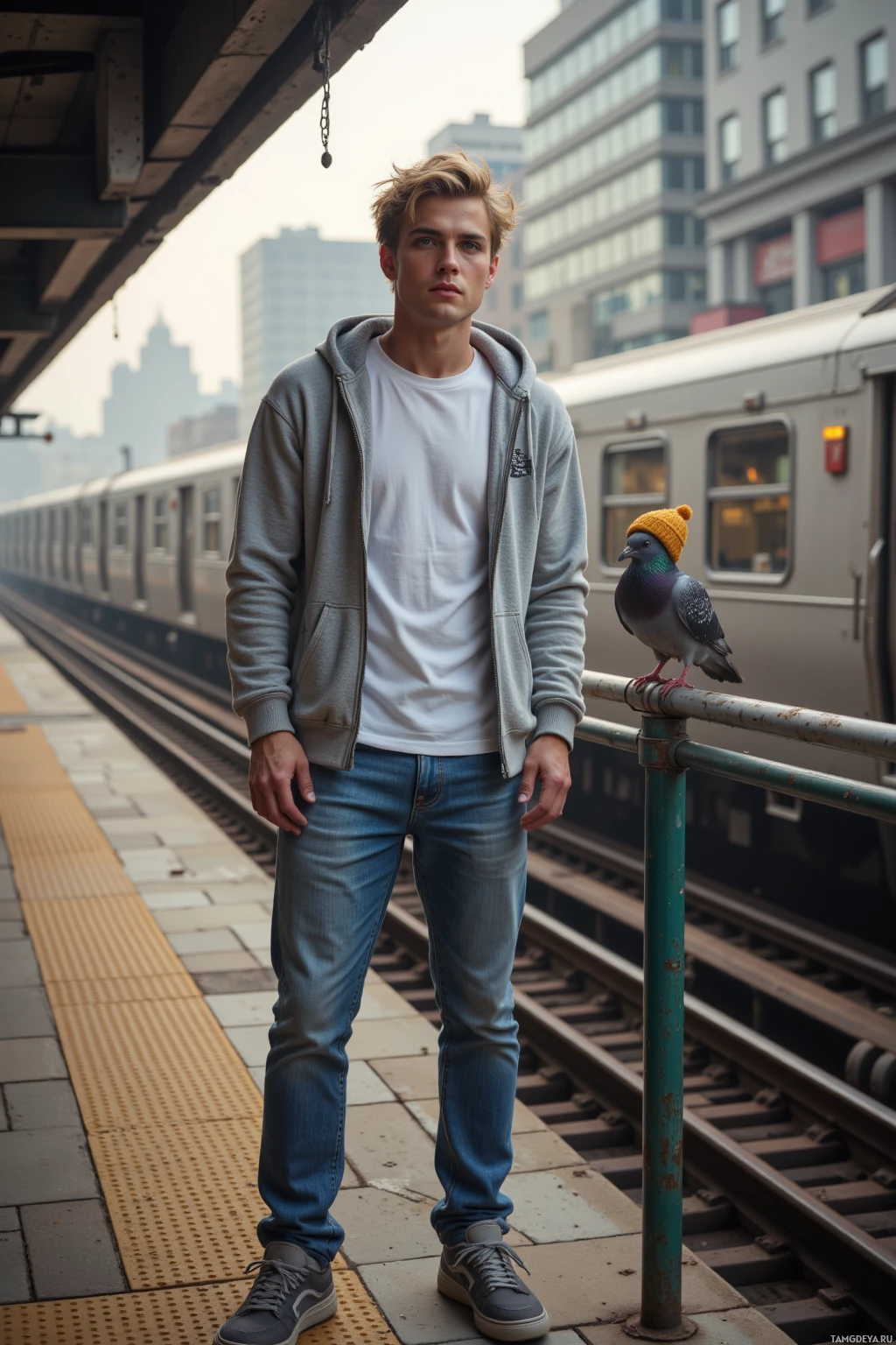 A person stands on a train platform with a pigeon perched on a railing.