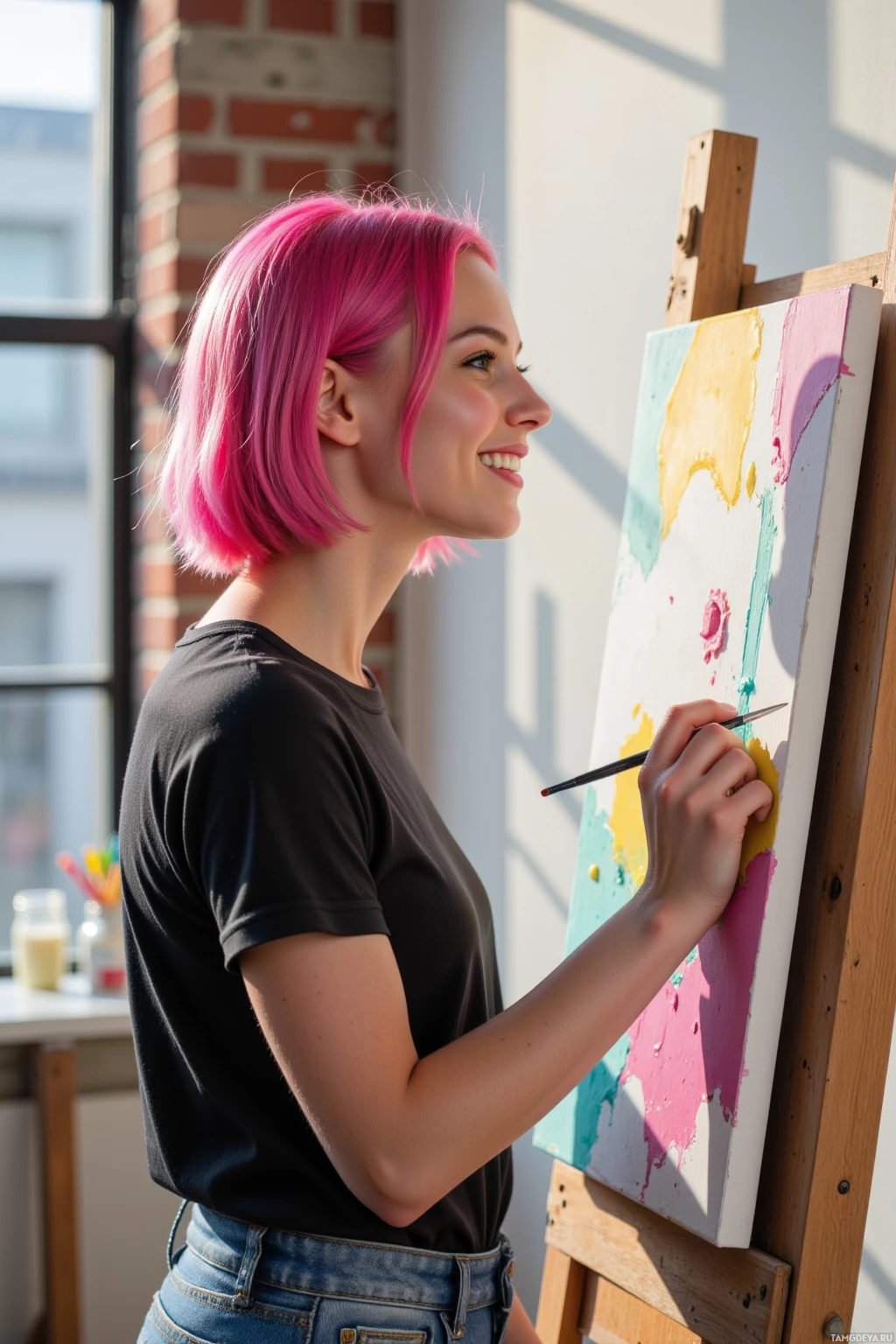 A person with pink hair paints on a canvas in a studio setting.