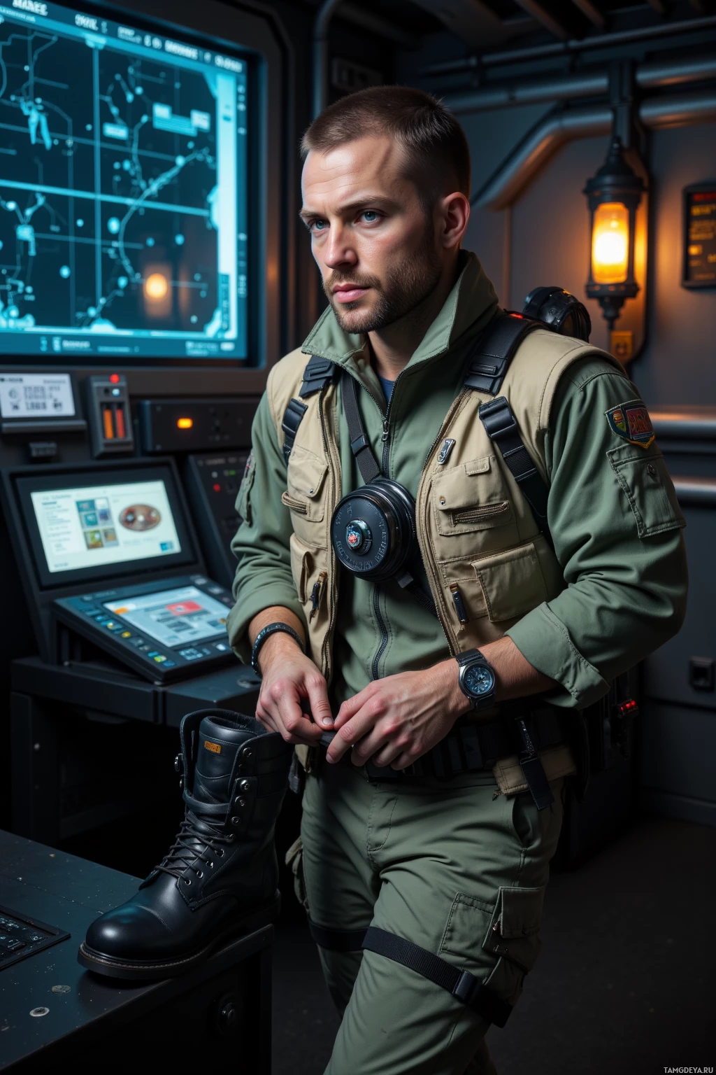 A man in military attire stands in a control room with a map and computer screen in the background.