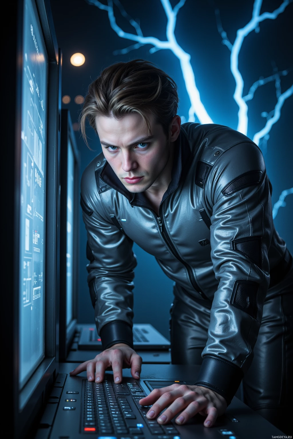 A person in a leather jacket leans forward, working on a laptop in a dimly lit environment.