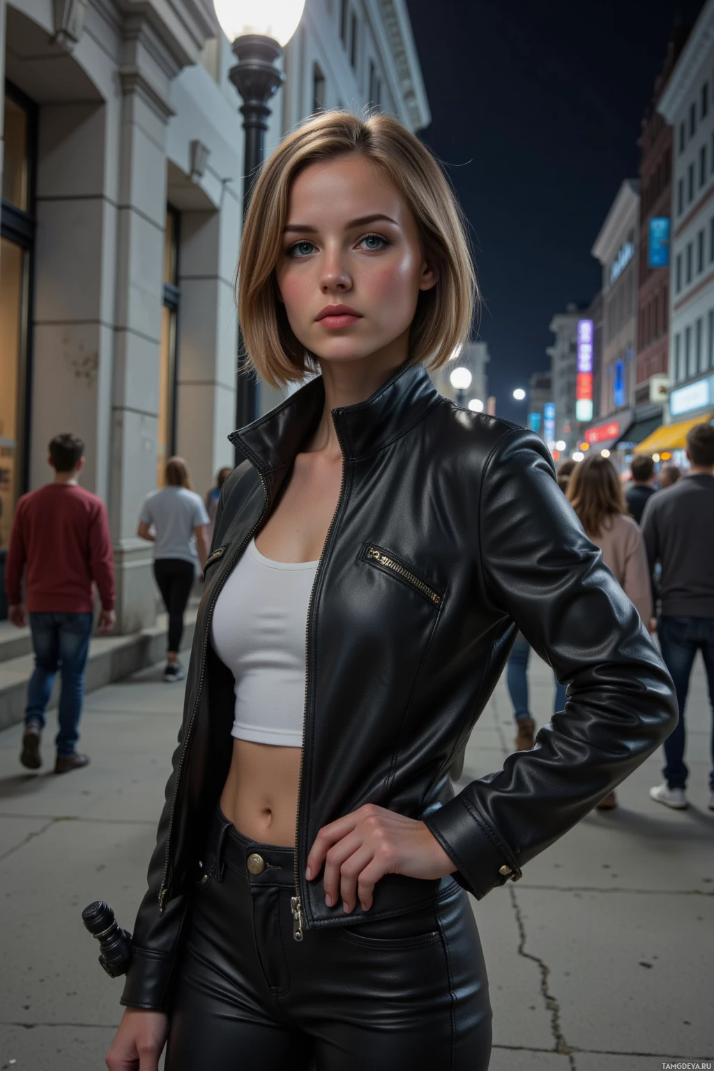 A woman in a black leather jacket and pants stands on a city street at night.
