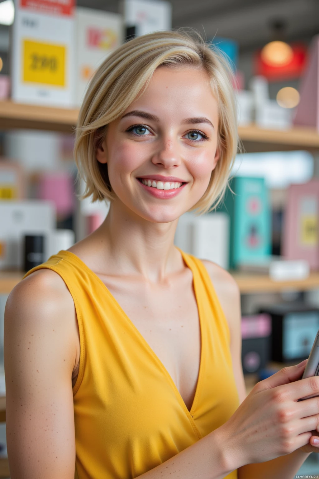 A woman with short blonde hair smiles while holding a phone in a brightly lit indoor setting.
