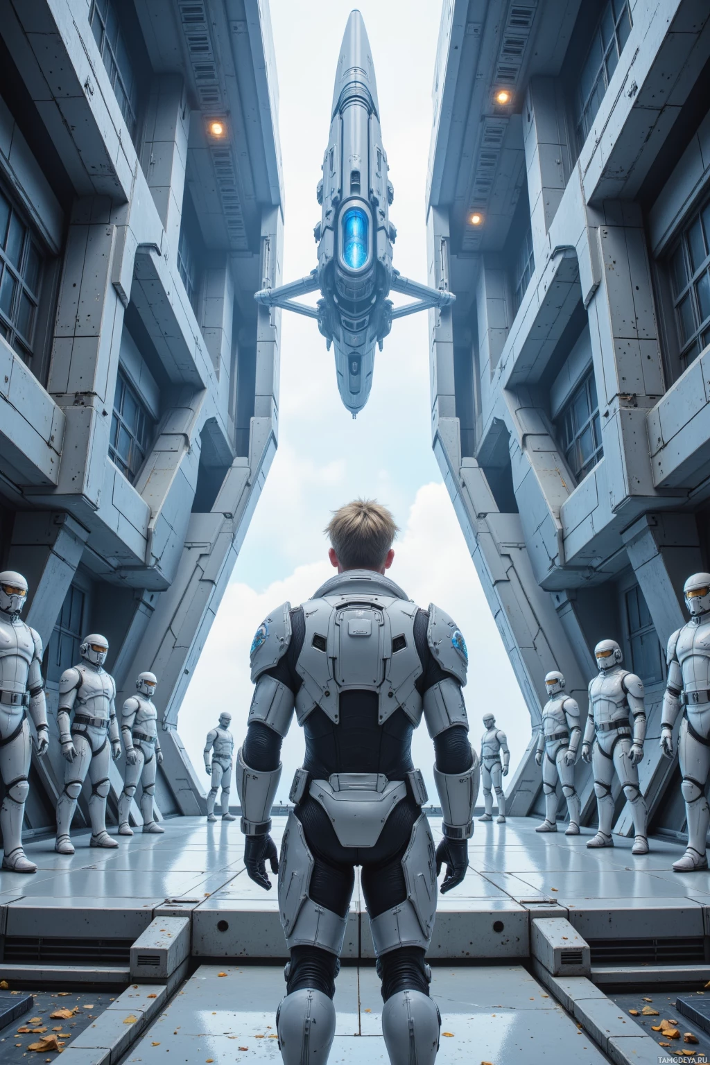 A futuristic scene featuring a person in a suit facing a large, sleek spacecraft amidst a group of uniformed figures.